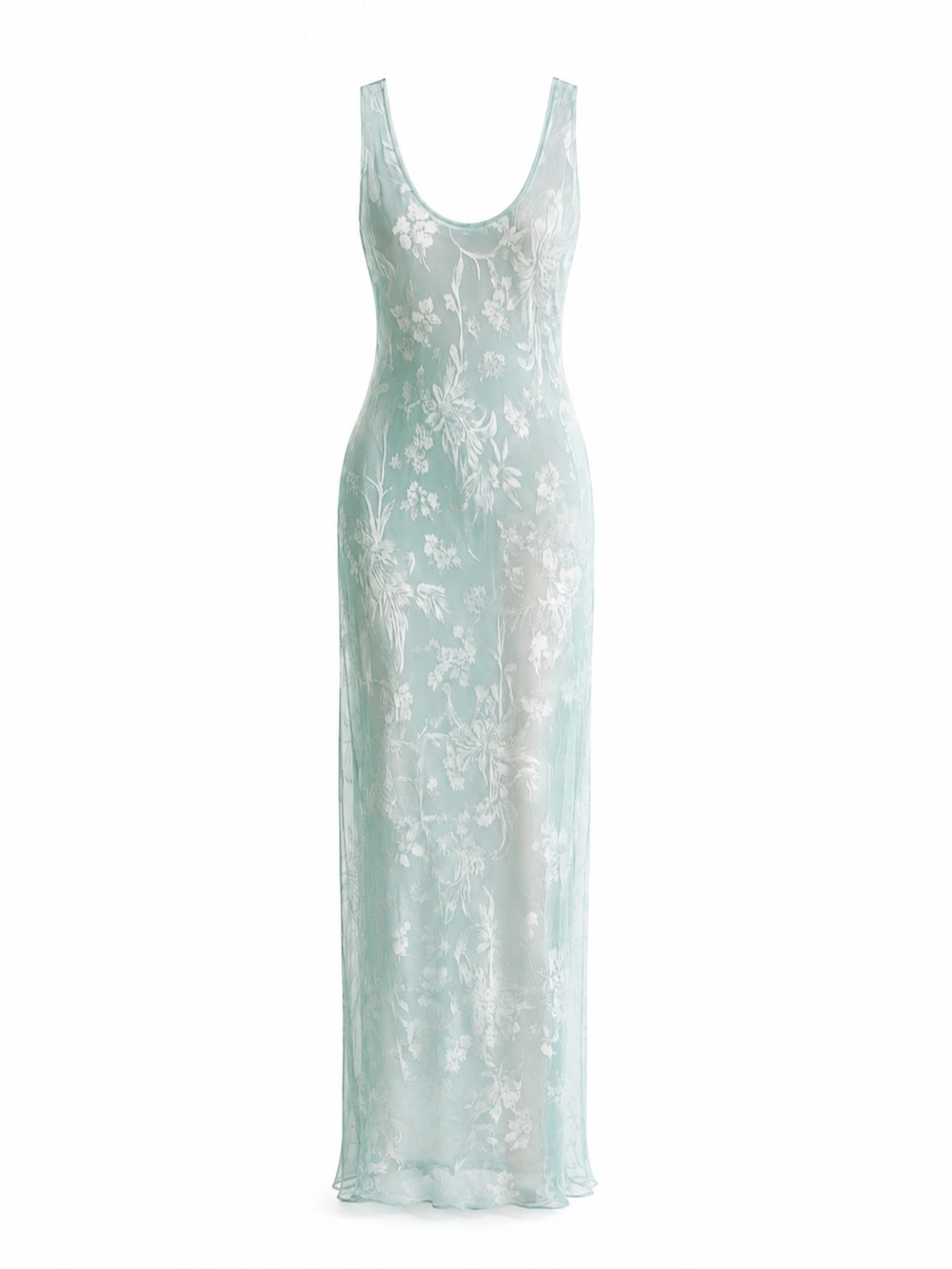 Vintage Aqua Sheer Floral Maxi Slip Dress — Size M